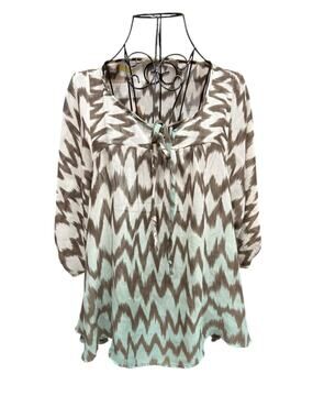 Chevron 90s style Tie-Front Peasant Tunic in Mint and Brown Ombré Medium